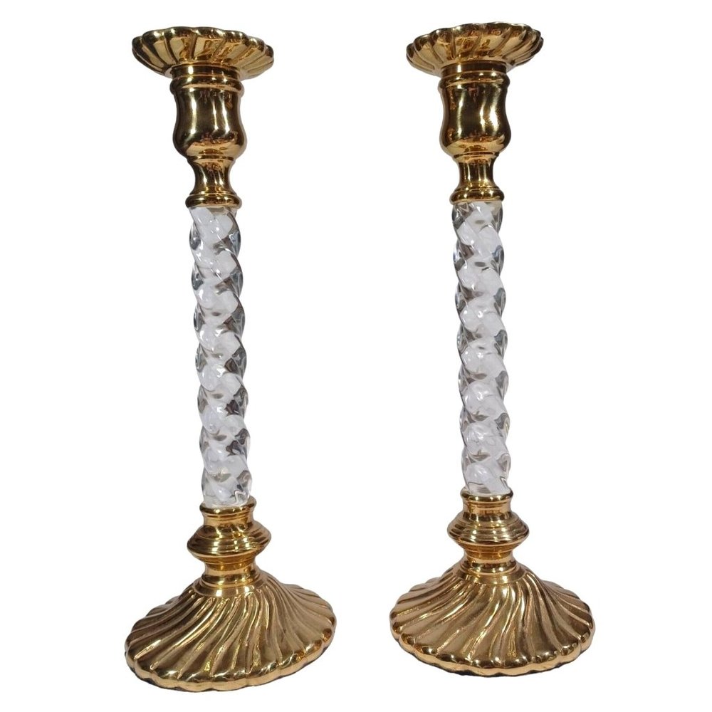 Hollywood Regency Brass Clear Lucite Spiral Twist 13" Candlestick Candle Holders